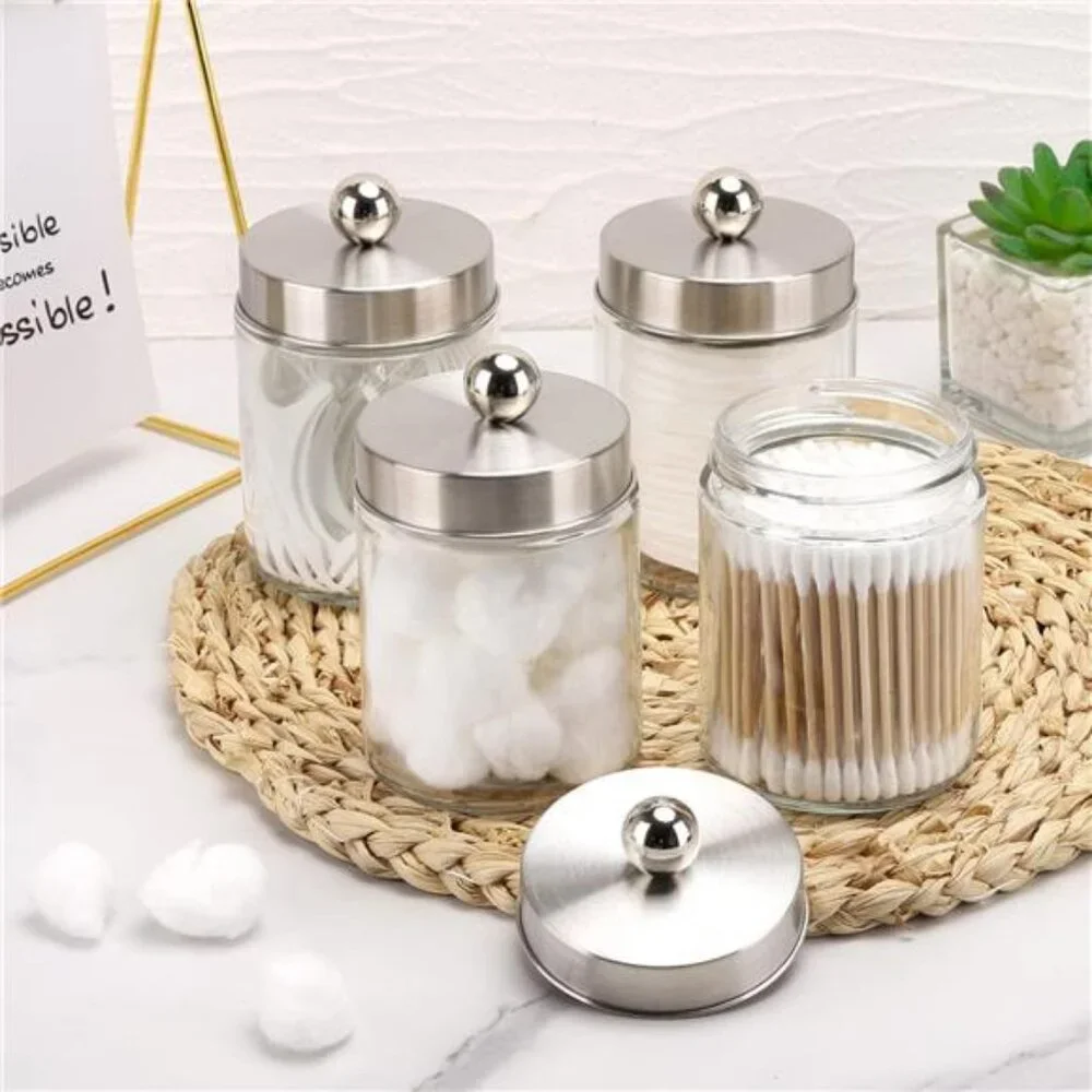 4 Pack Glass Qtip Holder Dispenser, 10-Ounce Bathroom Apothecary Jars